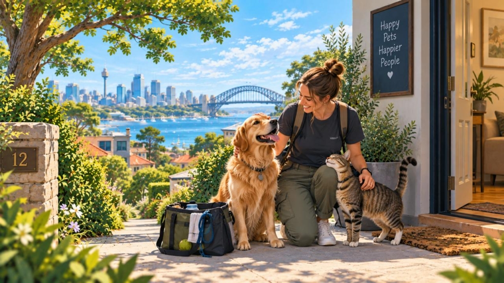 Pet sitter caring for a golden retriever and a tabby cat
