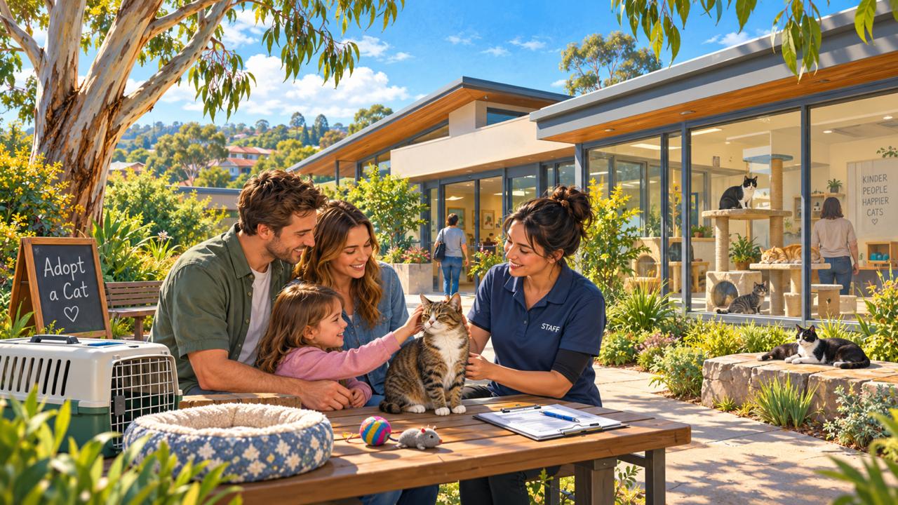 A family sitting at a table, petting their cat