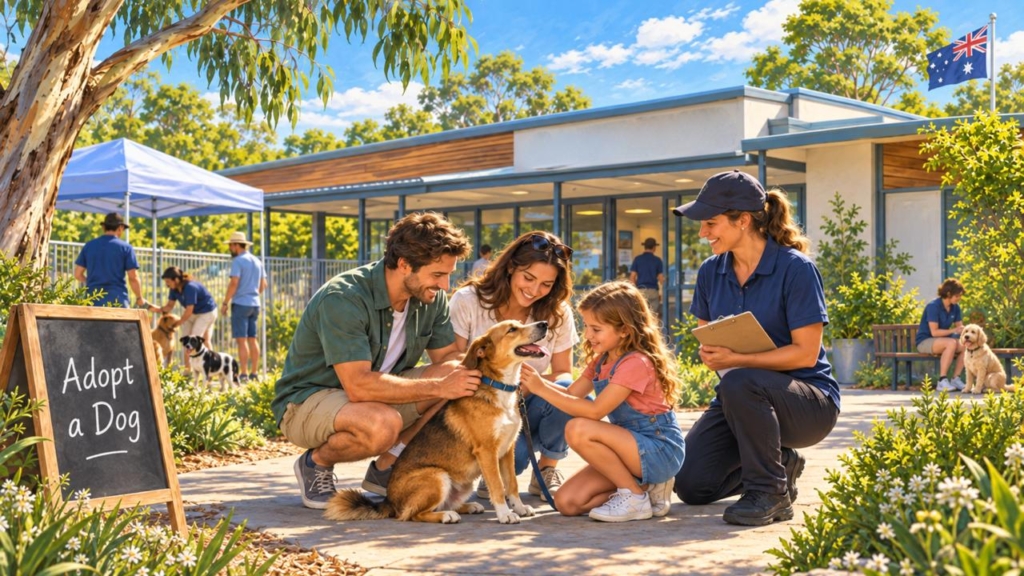 A family meeting their new dog they have just adopted