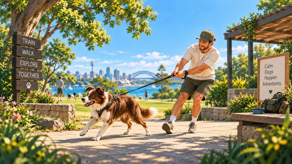 A dog pulling its leash while the owner struggles